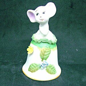 Vintage Enesco Ceramic Mouse Bell Ring Chime Floral Design Figurine White 3.5 in